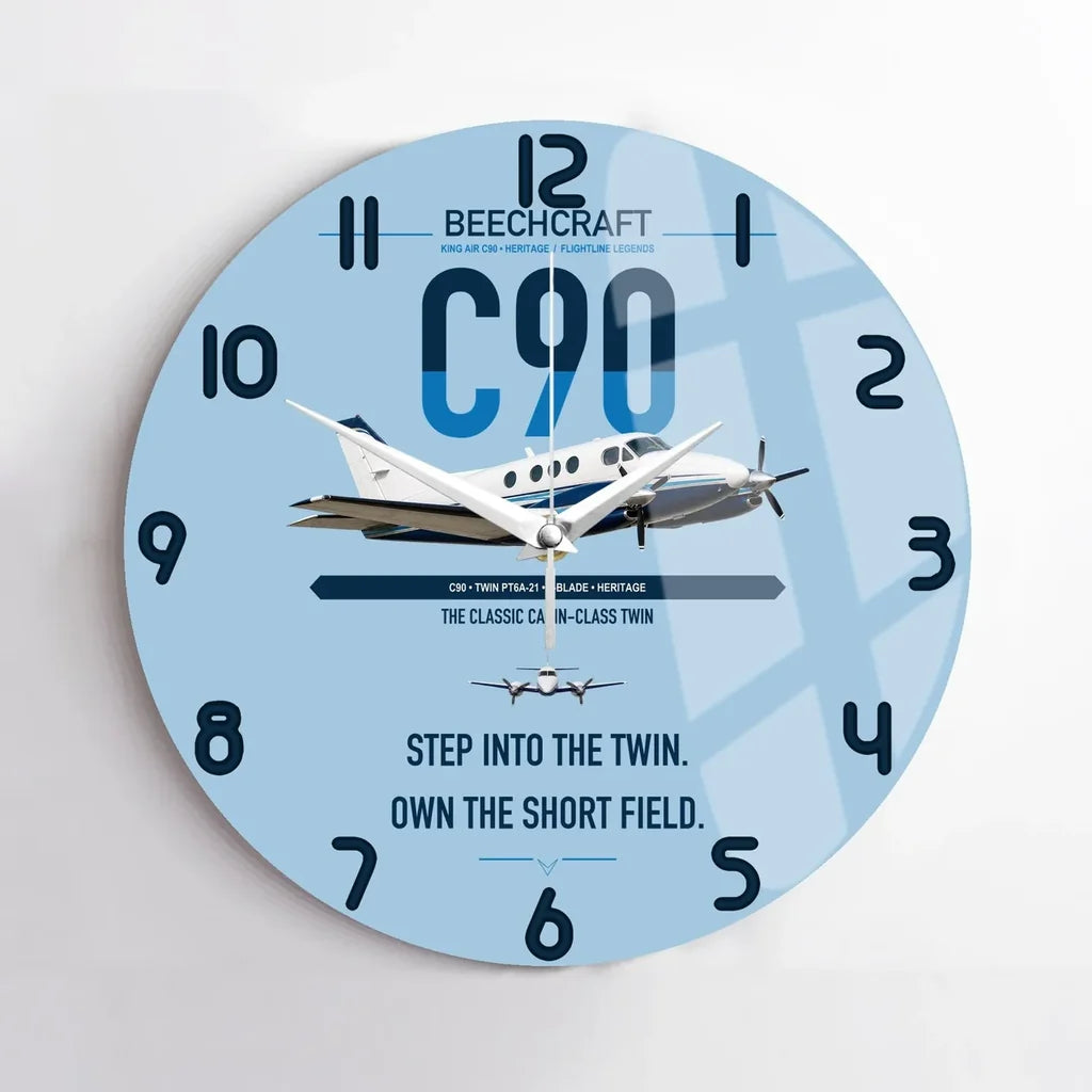 Beechcraft King Air C90 design on light blue no frame wall clock