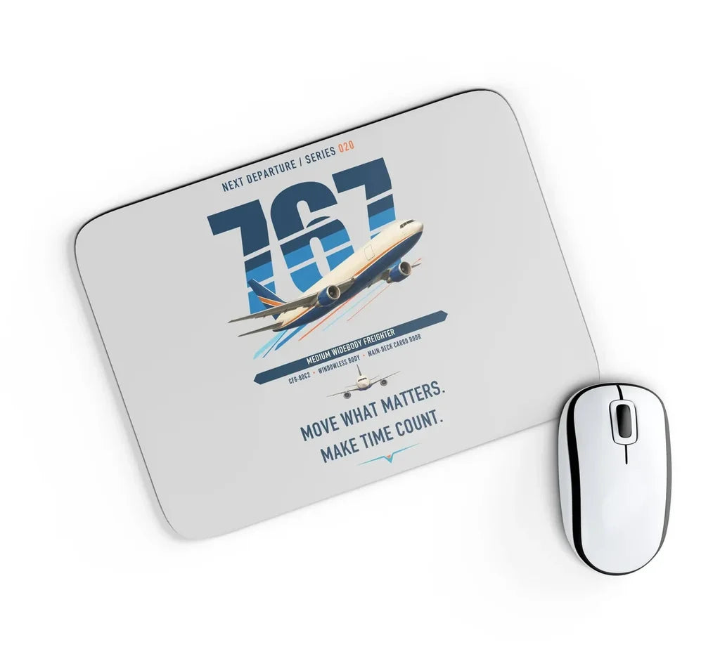 Boeing 767-300F design on light gray rectangle mouse pad