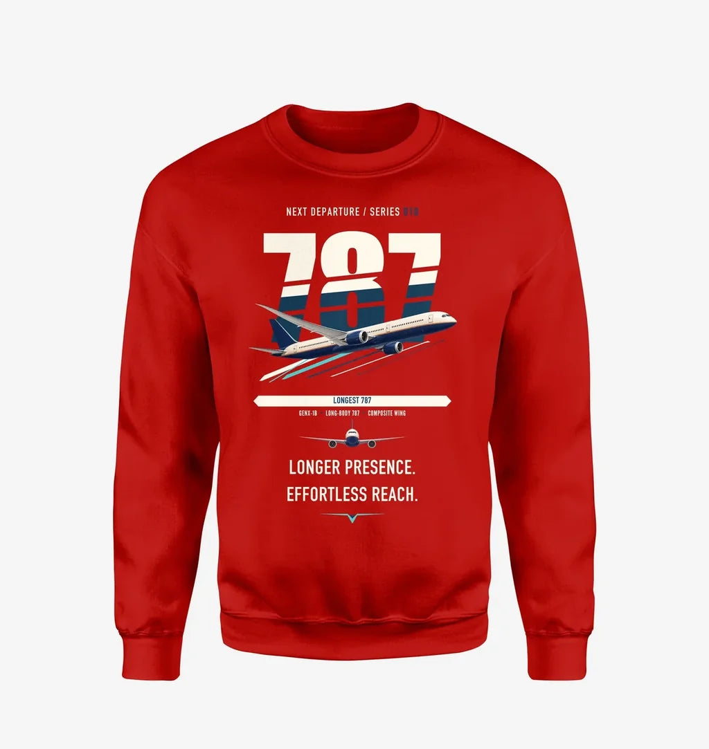 Boeing 787-10 Dreamliner design on red sweatshirt