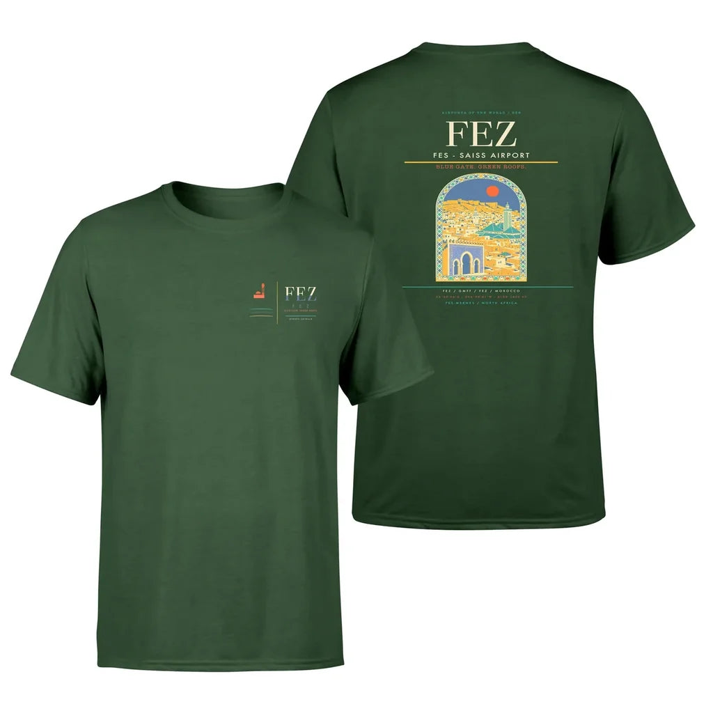 Fes (FEZ) design printed on dark green double-side t-shirt