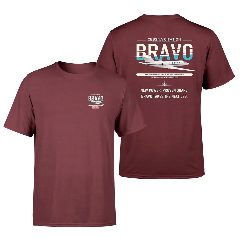 Cessna Citation Bravo design on dark red double-side t-shirt, double-side print