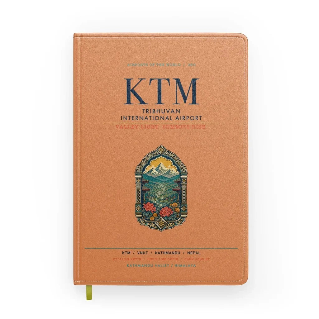 Tribhuvan International Airport Kathmandu (KTM) design on orange notebook