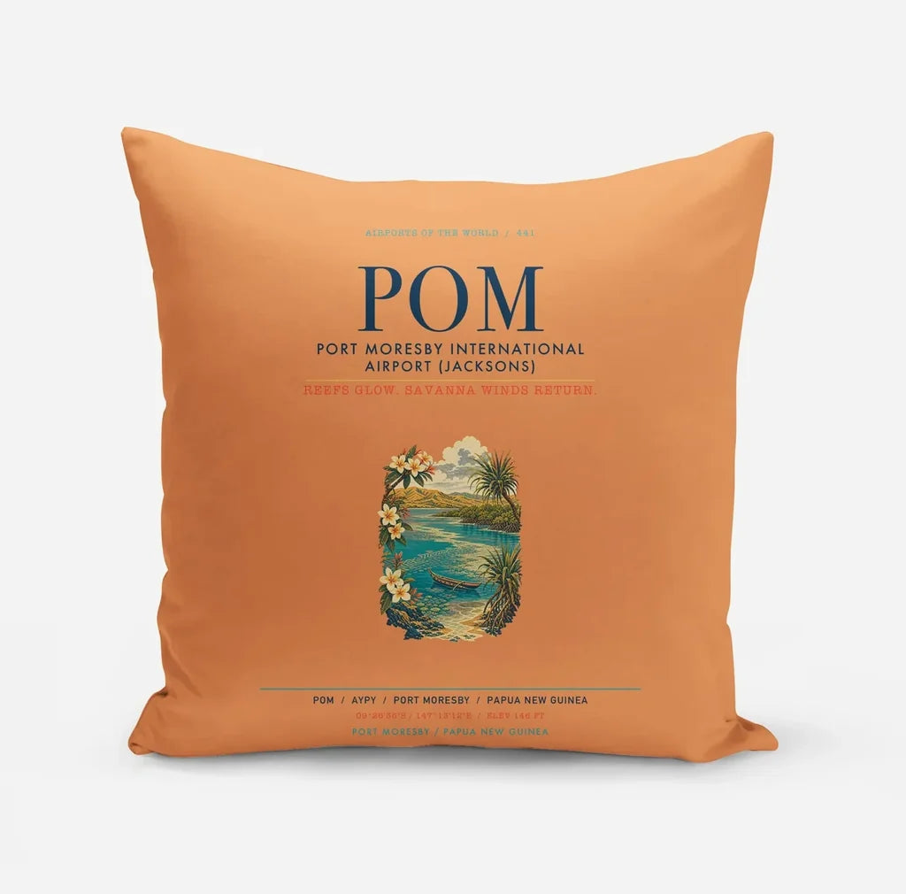 Port Moresby International Airport (POM) design on orange pillow