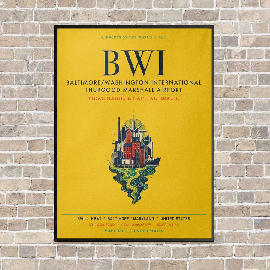 Baltimore-Washington International Thurgood Marshall Airport BWI vertical canvas print - framed - yellow background