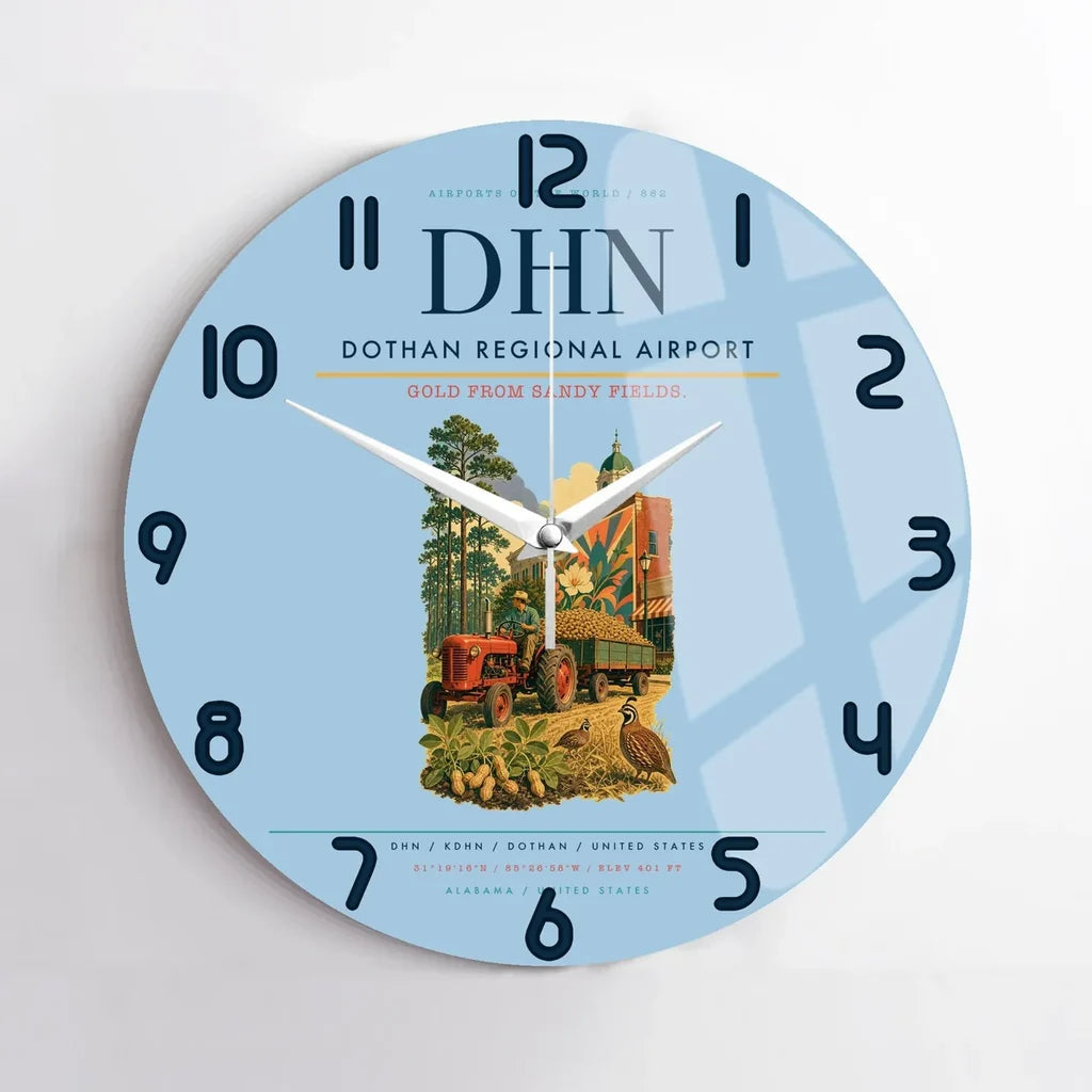 Dothan Regional Airport (DHN) design on light blue no frame wall clock