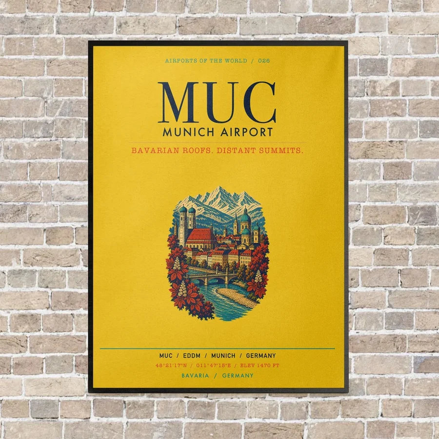 Munich Airport MUC vertical canvas print - framed - yellow background