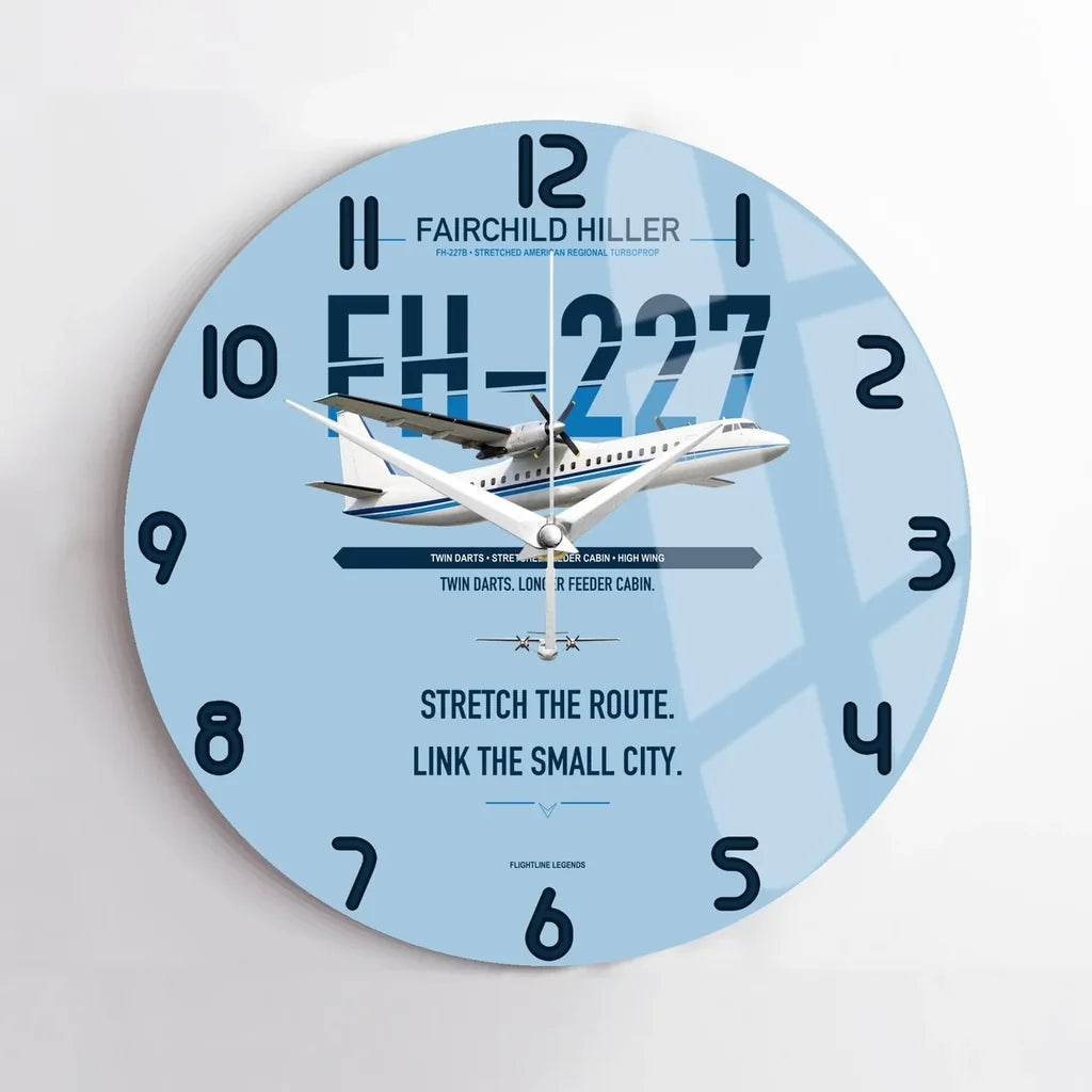 Fairchild Hiller FH-227B design on light blue no frame wall clock
