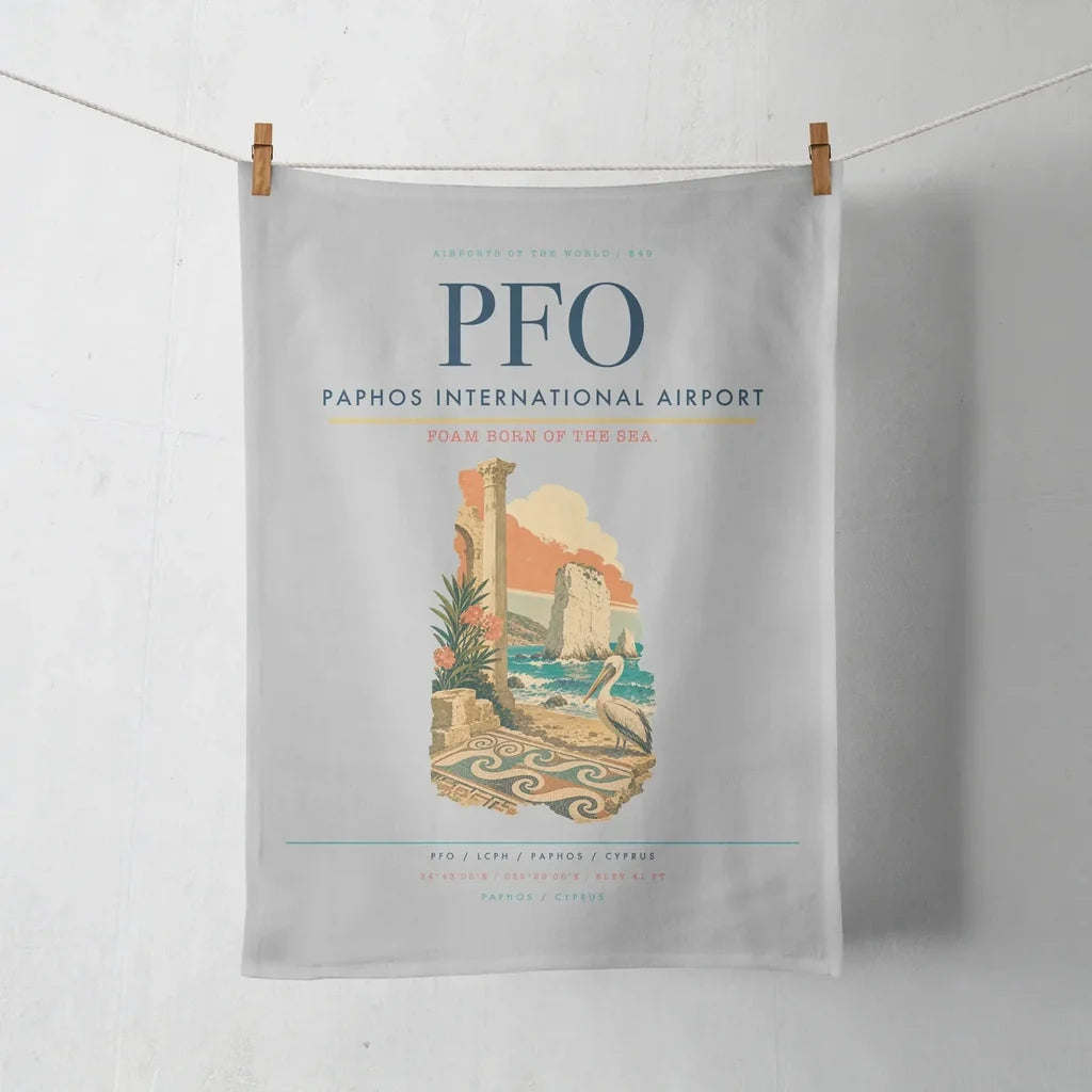 Paphos International Airport (PFO) design on light gray towel