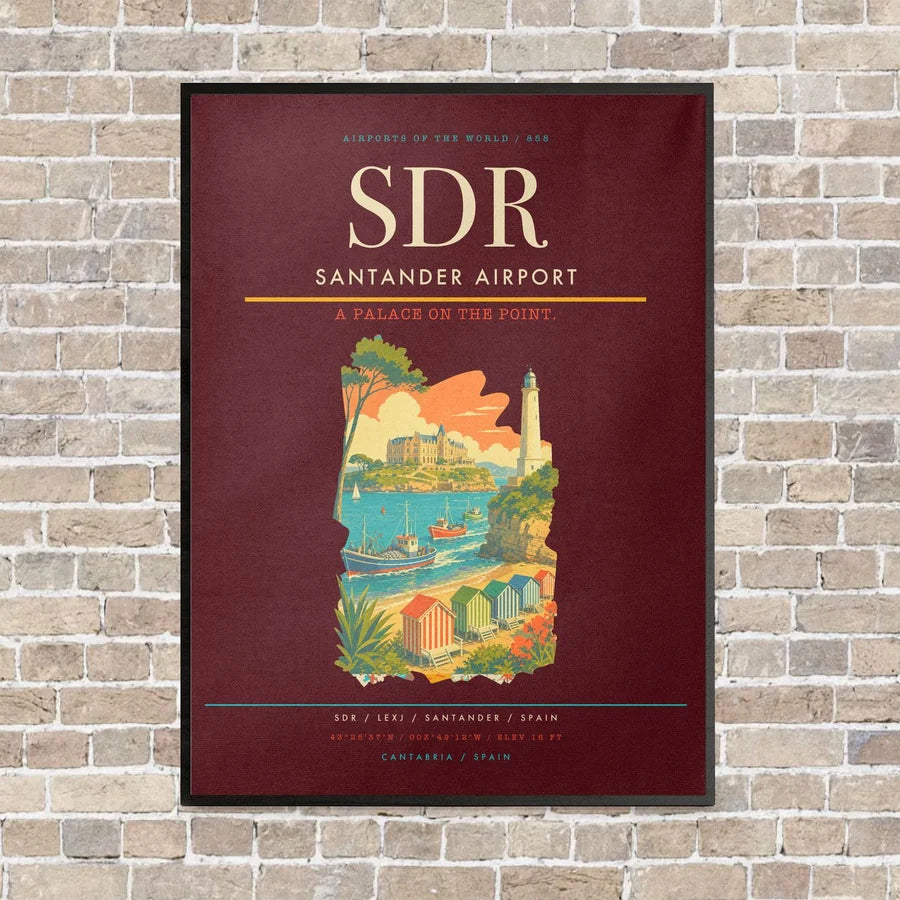 Santander Airport SDR vertical canvas print - framed - dark red background