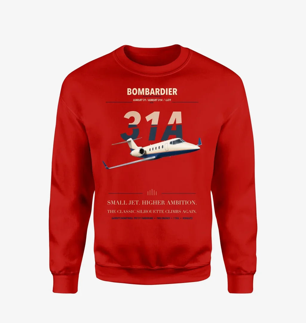 Bombardier Learjet 31A design on red sweatshirt