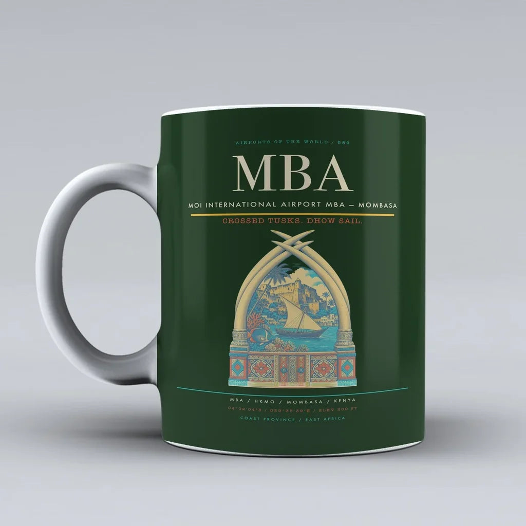 International Airport MBA — Mombasa Mug design on dark green moi