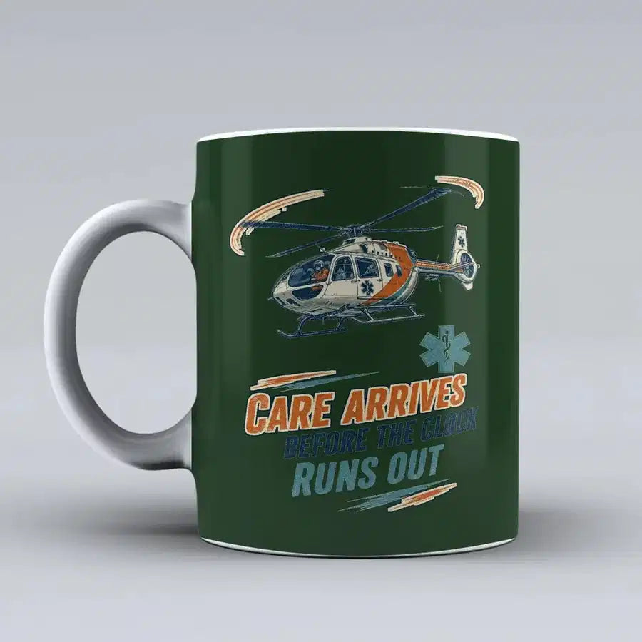 575 - Care Arrives Before The Clock Runs Out - Mug design on dark green signal