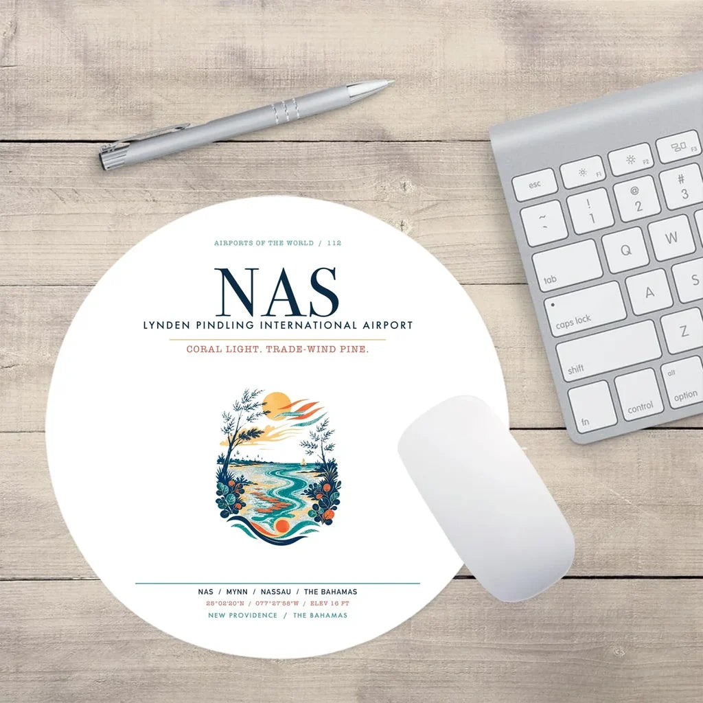 Lynden Pindling International Airport Nassau (NAS) design on white round mouse pad