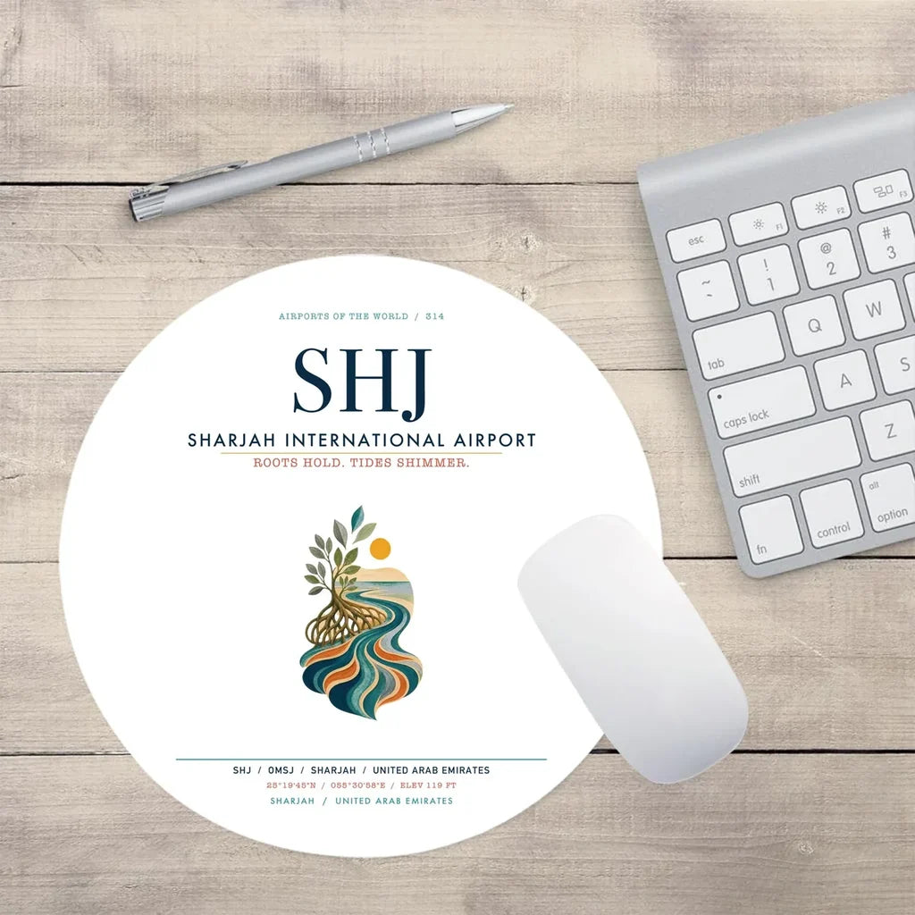 Sharjah International Airport (SHJ) design on white round mouse pad