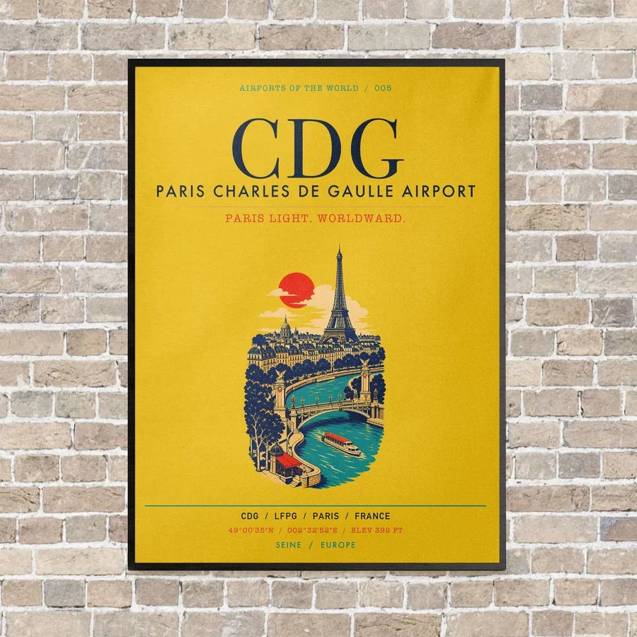 Paris Charles de Gaulle Airport CDG vertical canvas print - framed - yellow background