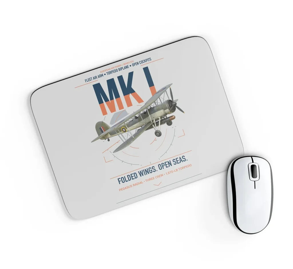 Fairey Swordfish Mk I design on light gray rectangle mouse pad