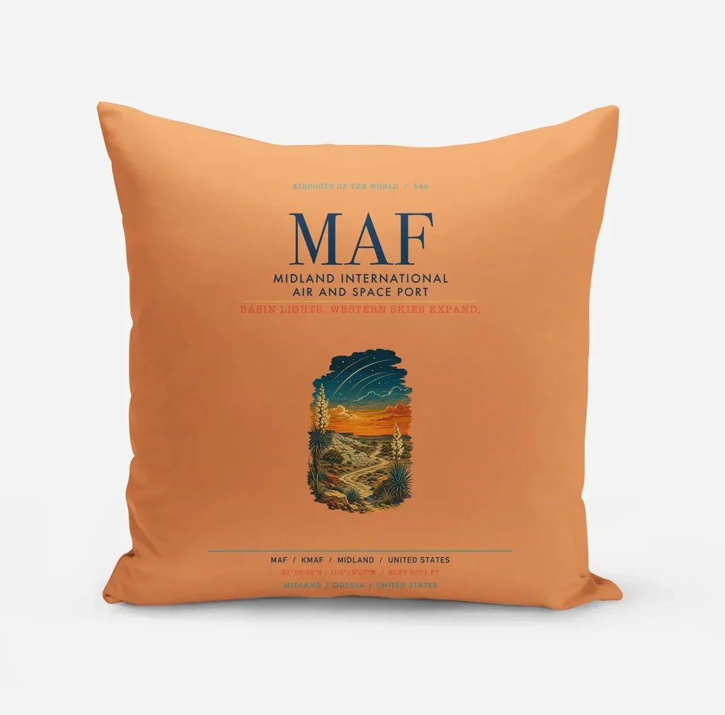 Midland International Air and Space Port (MAF) design on orange pillow
