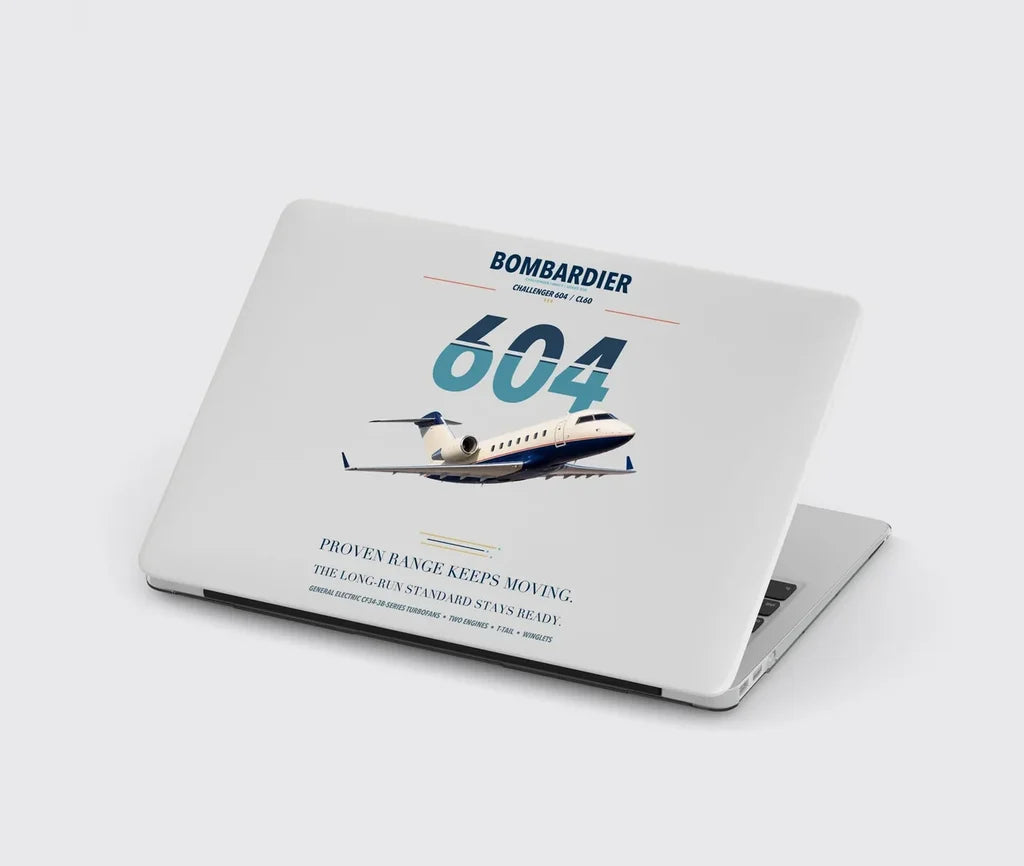 Bombardier Challenger 604 design on light gray MacBook case