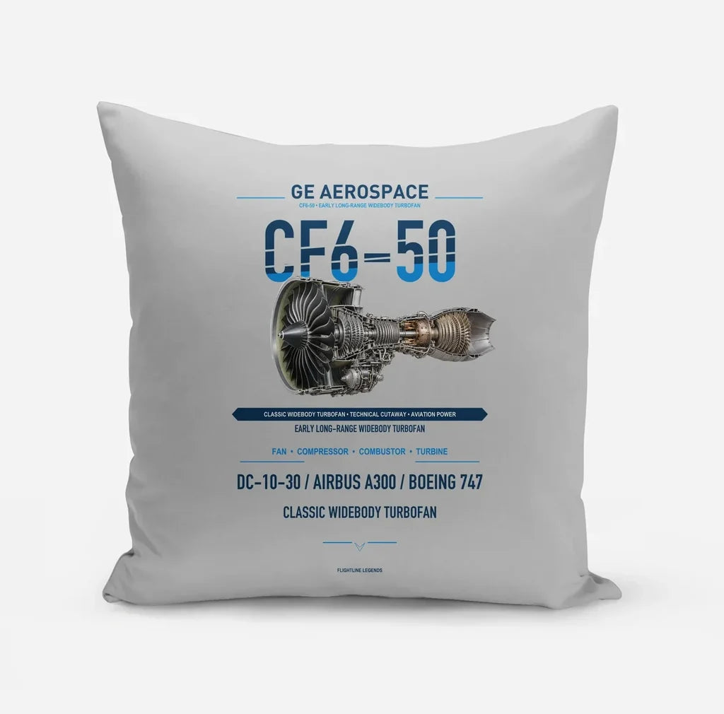CF6-50 design on light gray pillow