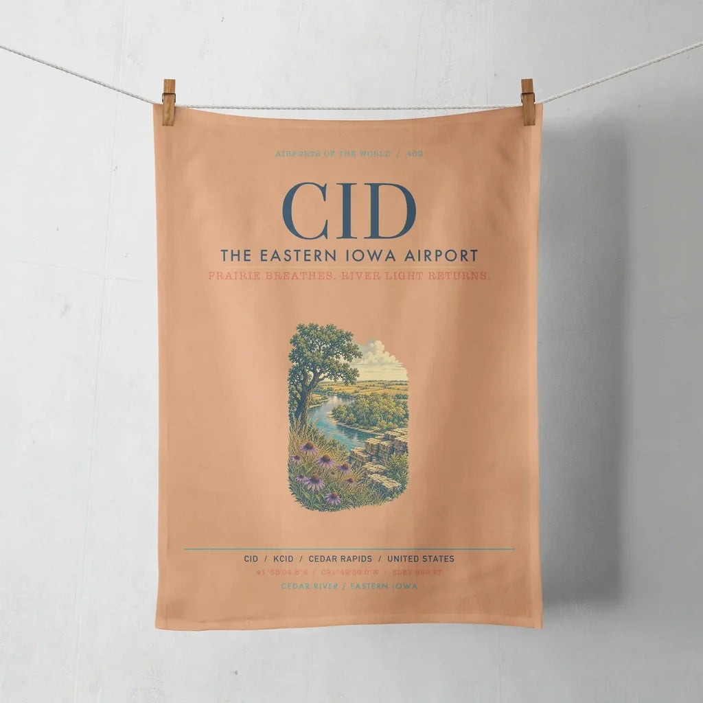 The Eastern Iowa Airport Cedar Rapids (CID) design on orange towel