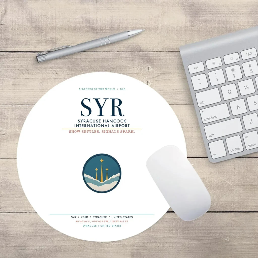 Syracuse Hancock International Airport (SYR) design on white round mouse pad