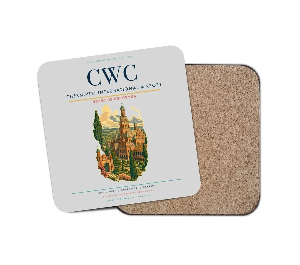 Chernivtsi International Airport (CWC) design on light gray 1 piece coaster