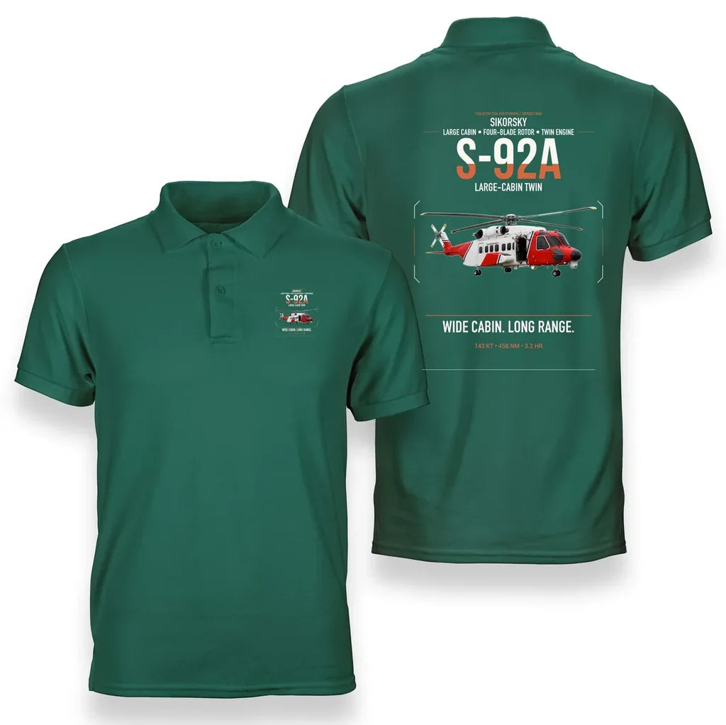 Sikorsky S-92A design on green double-side polo t-shirt, double-side print