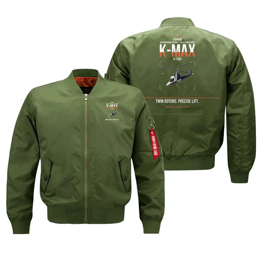 Kaman K-1200 K-MAX design on green bomber jacket, double-side print