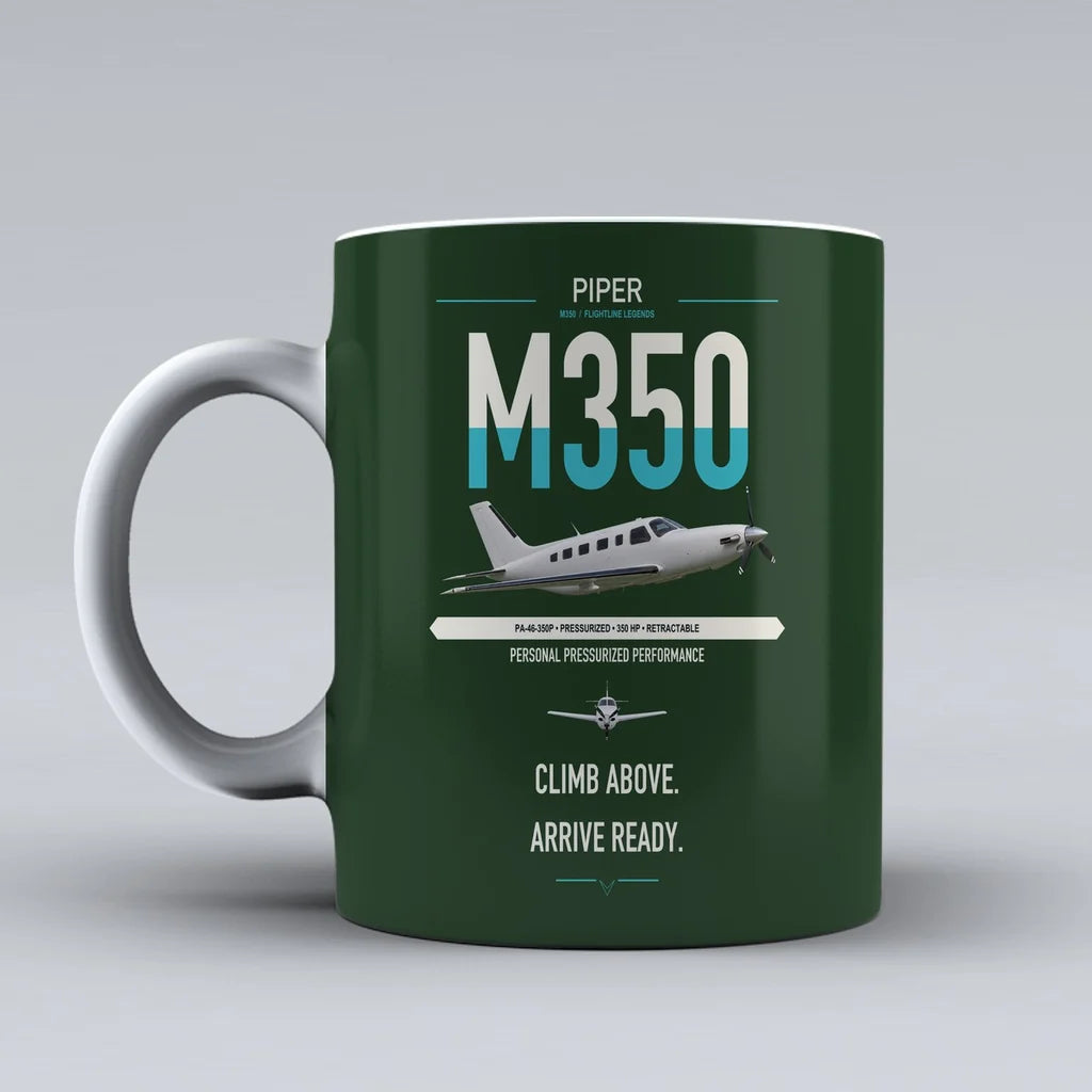 Piper M350 design on dark green ceramic mug, double-side print