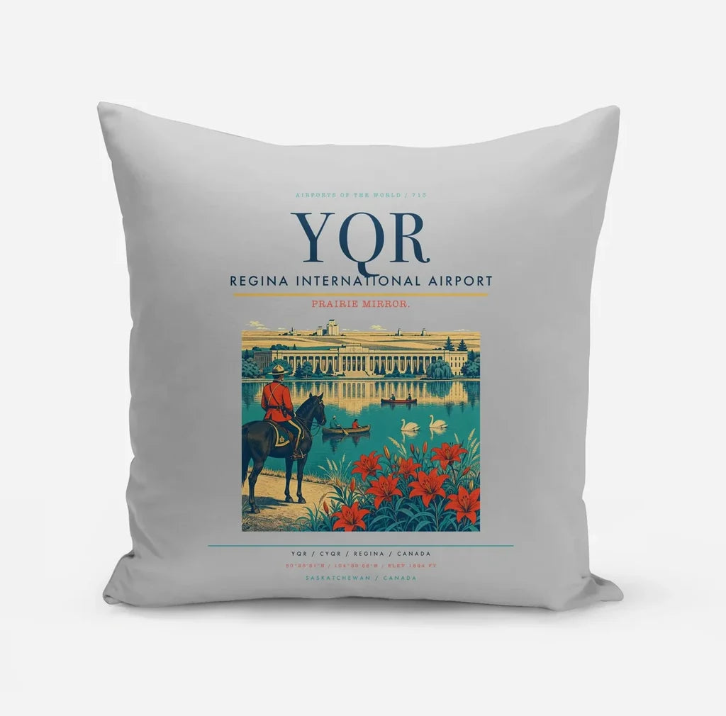 Regina International Airport (YQR) design on light gray pillow