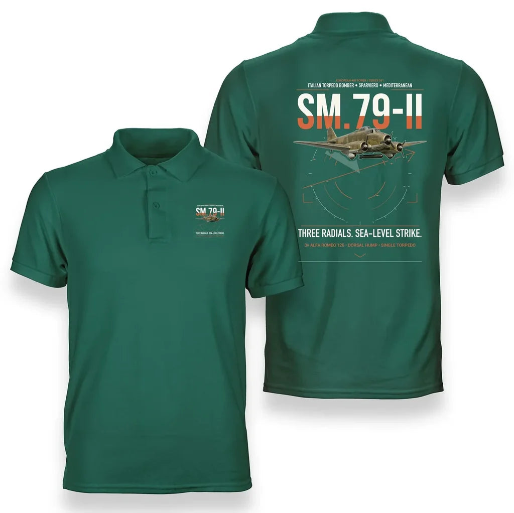 Savoia-Marchetti SM.79-II Sparviero design on green double-side polo t-shirt, double-side print