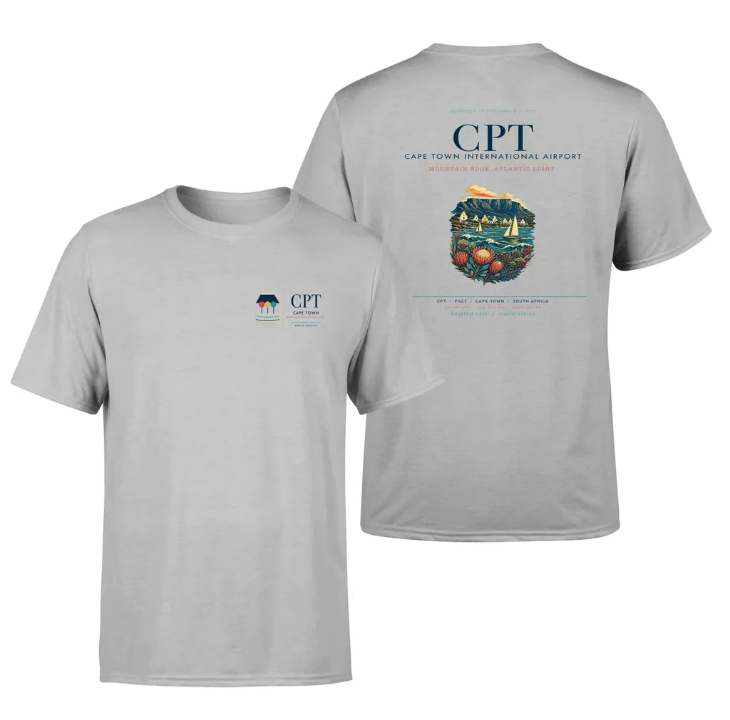 Cape Town Airport (CPT) design printed on light gray double-side t-shirt