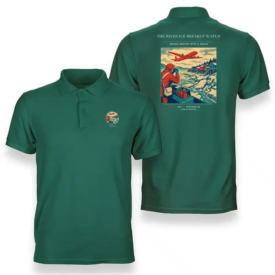 VINTAGE G4491 - The River Ice Breakup Watch - Double-Side Polo T-Shirt design on green