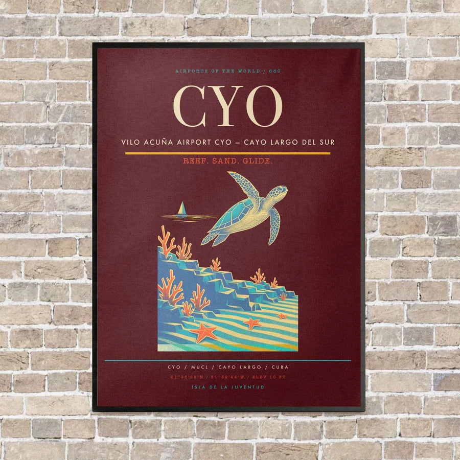 Vilo Acuña Airport CYO — Cayo Largo del Sur vertical canvas print - framed - dark red background