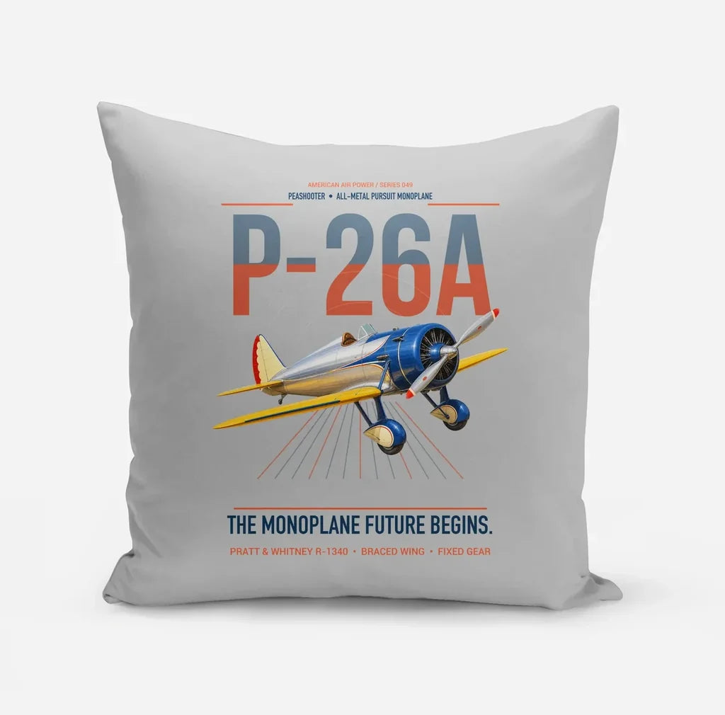 Boeing P-26A Peashooter design on light gray pillow
