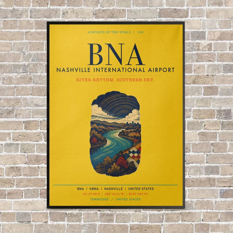 Nashville International Airport BNA vertical canvas print - framed - yellow background