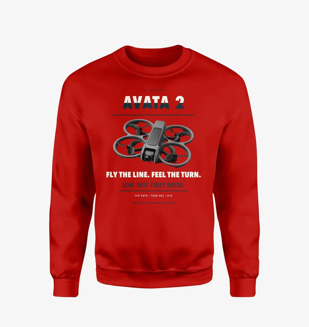 DJI Avata 2 design on red sweatshirt