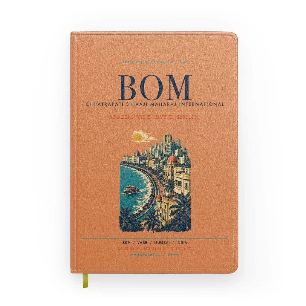 Mumbai Chhatrapati Shivaji Maharaj International Airport (BOM) design on orange notebook