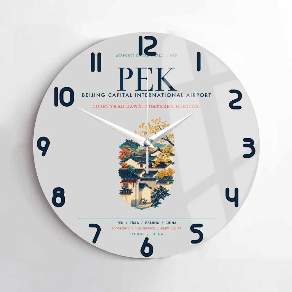 Beijing Capital International Airport (PEK) design on light gray no frame wall clock