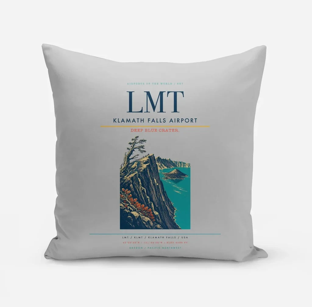 Klamath Falls Airport (LMT) design on light gray pillow