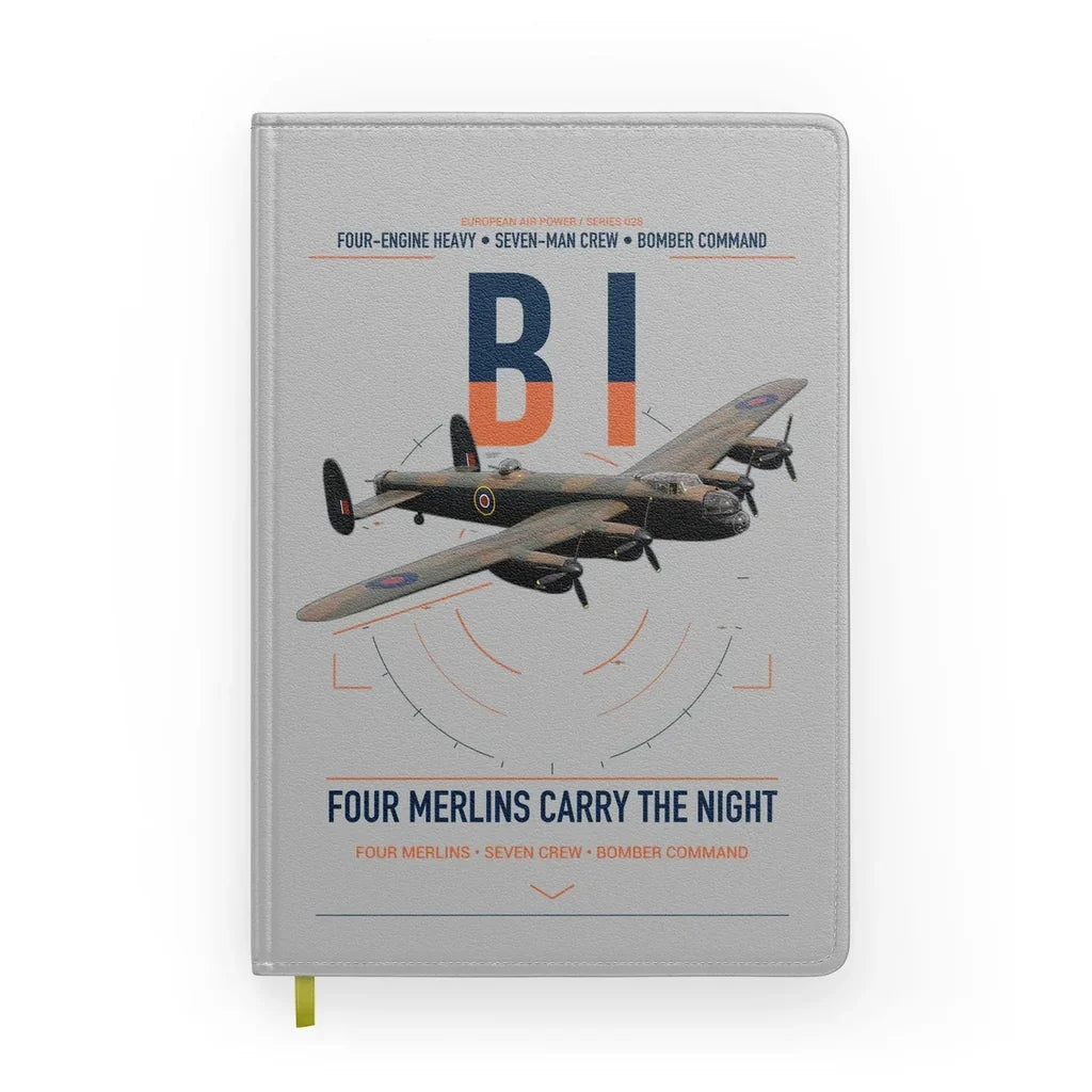Avro Lancaster B I design on light gray notebook