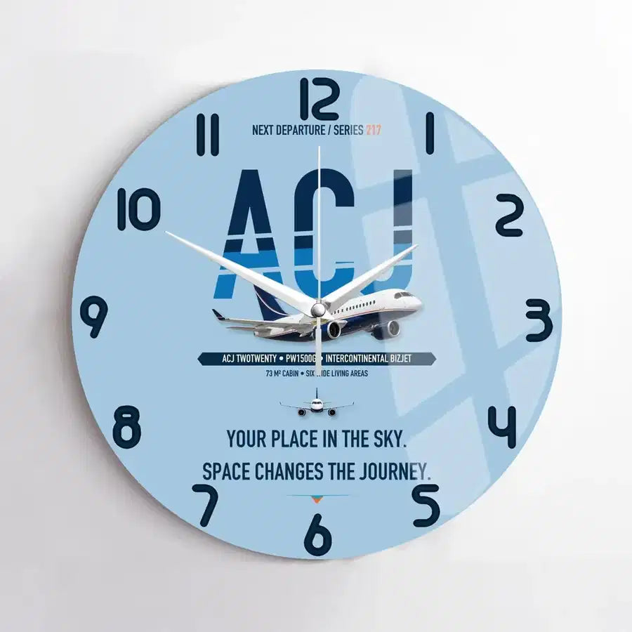 Airbus ACJ TwoTwenty design on light blue no frame wall clock