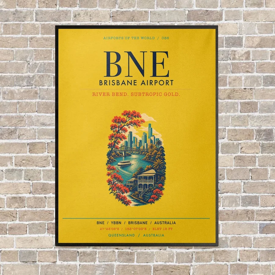 Brisbane Airport BNE vertical canvas print - framed - yellow background