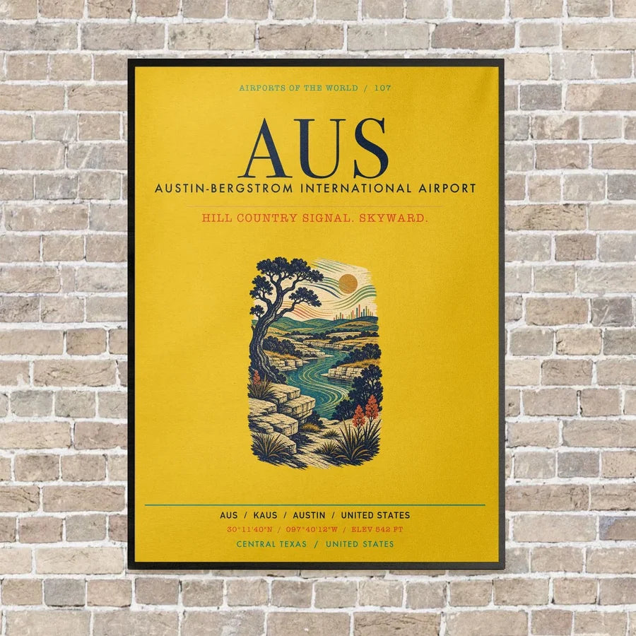 Austin-Bergstrom International Airport AUS vertical canvas print - framed - yellow background