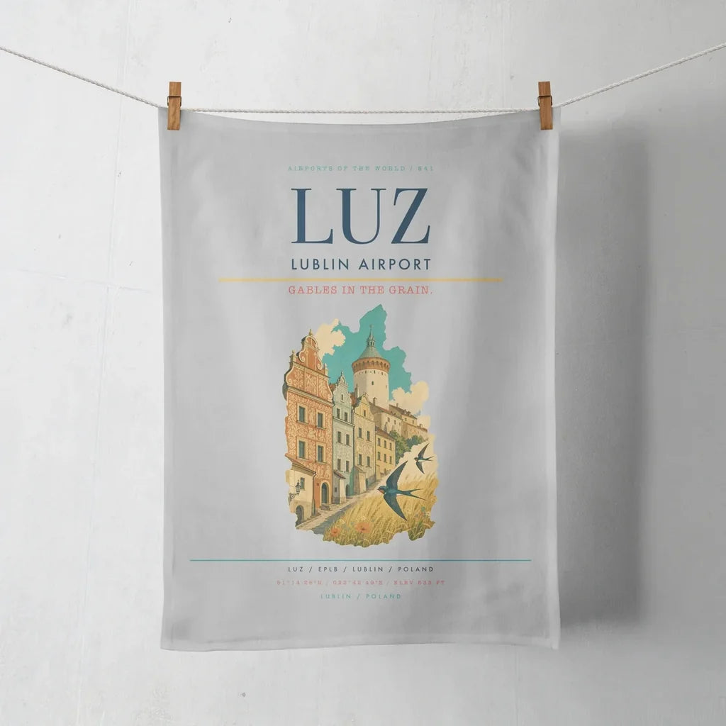 Lublin Airport (LUZ) design on light gray towel