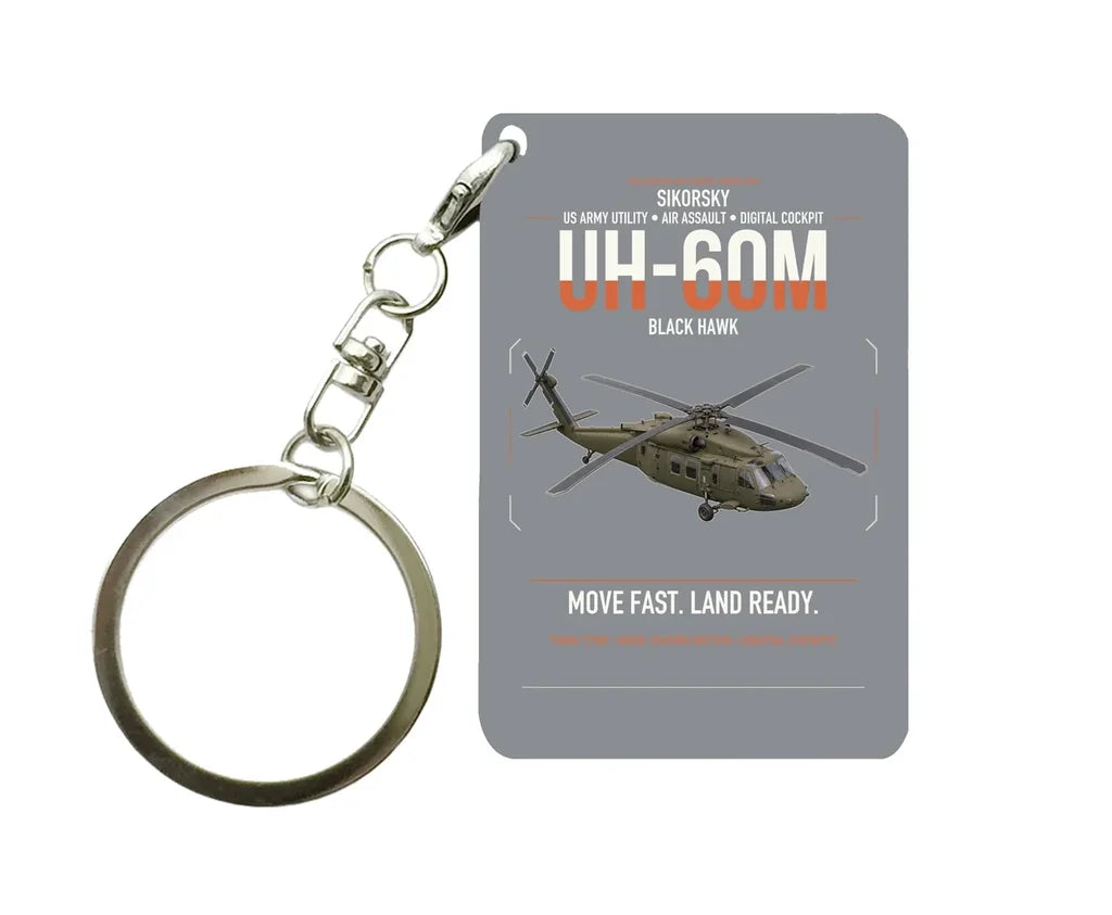 Sikorsky UH-60M Black Hawk design on gray designed key chain, double-side print