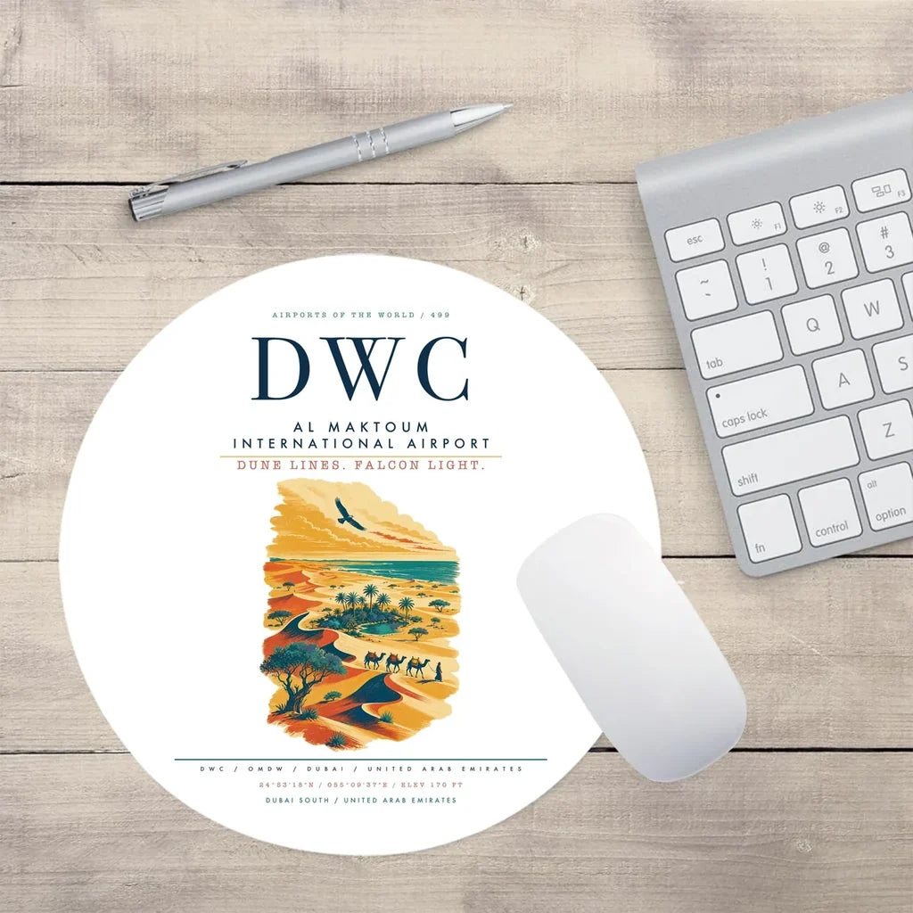 Al Maktoum International Airport (DWC) design on white round mouse pad