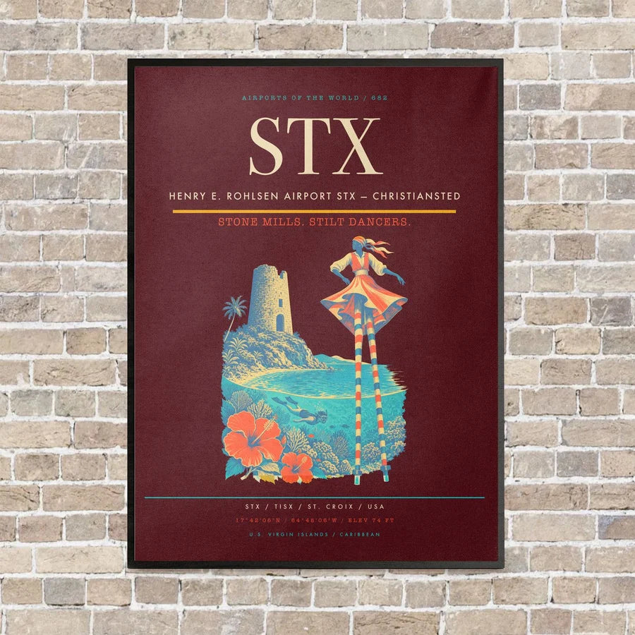 Henry E. Rohlsen Airport STX — Christiansted vertical canvas print - framed - dark red background