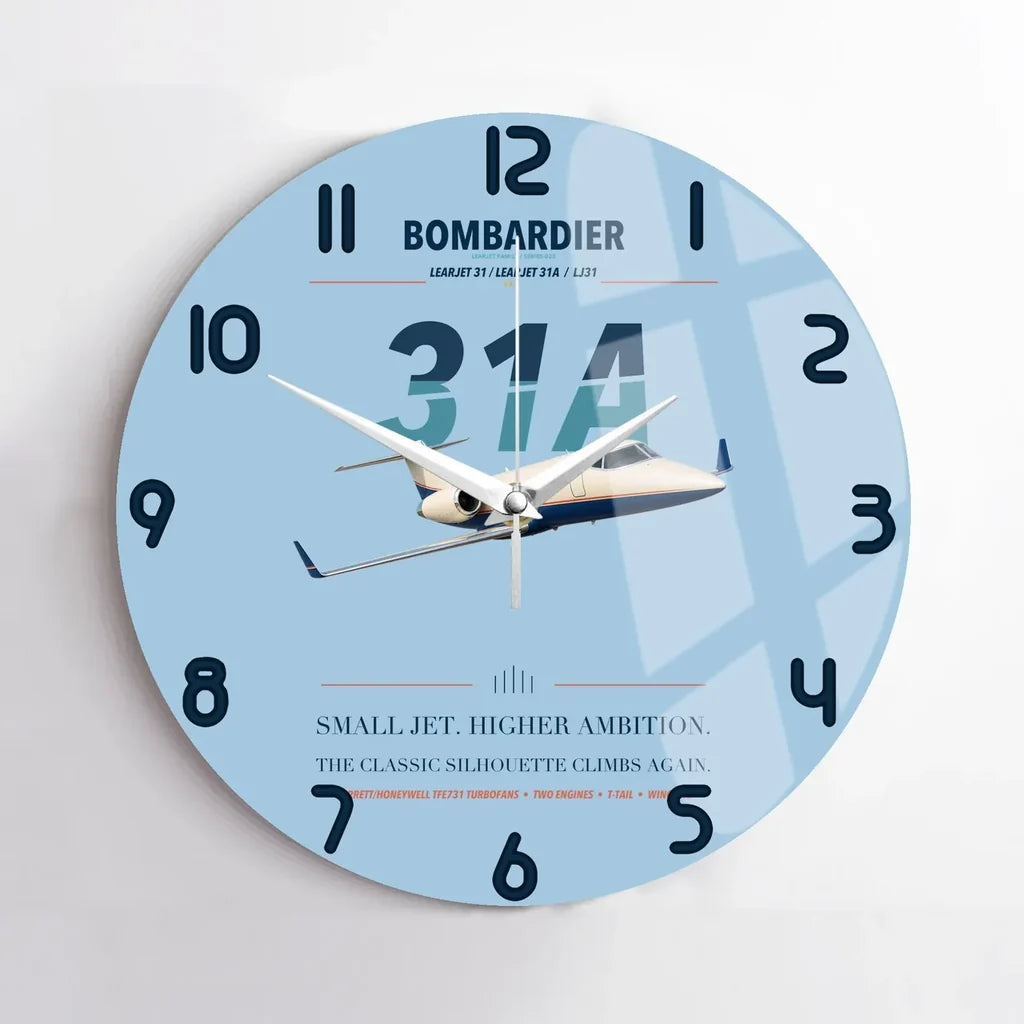 Bombardier Learjet 31A design on light blue no frame wall clock