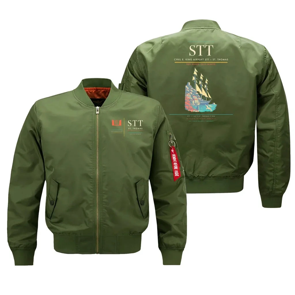 Cyril E. King Airport (STT) design on green bomber jacket